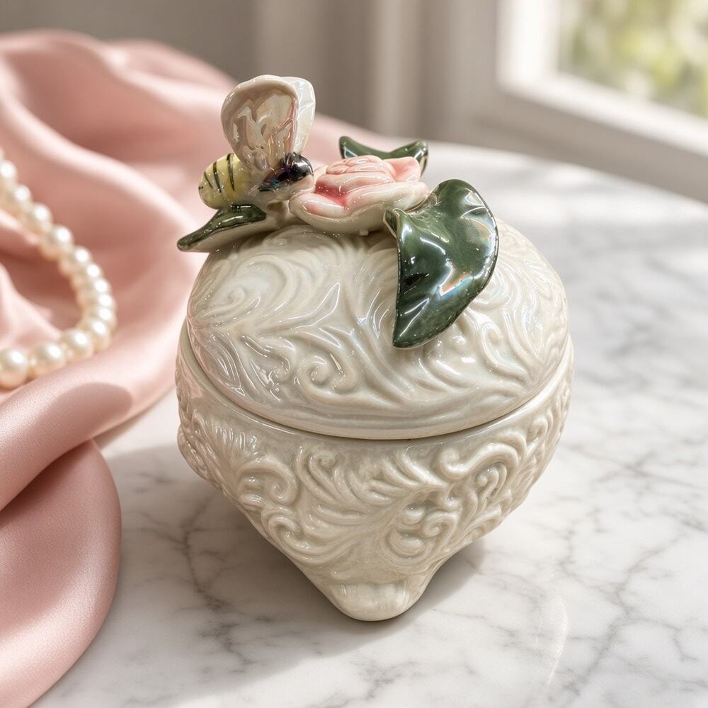 Vintage Iridescent Lusterware Bee Rose Trinket Box Jewelry Casket Floral